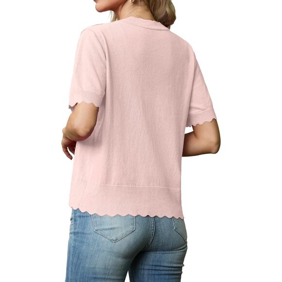 Grecerelle Women Pink Open Front Button Down Short Sleeve Lightweight Sweater - Picture 5 of 5